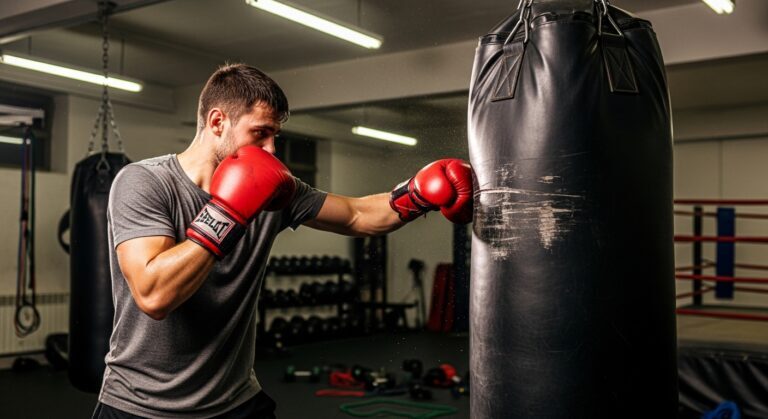 A focused young man engaged in one of his first boxing workouts, wearing red gloves as he strikes a black heavy bag in a classic boxing gym.