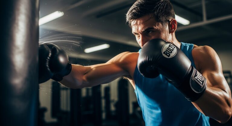 A man in the middle of intense boxing workouts, showing explosive power with motion blur on his gloves as he hits a heavy bag during a HIIT session.