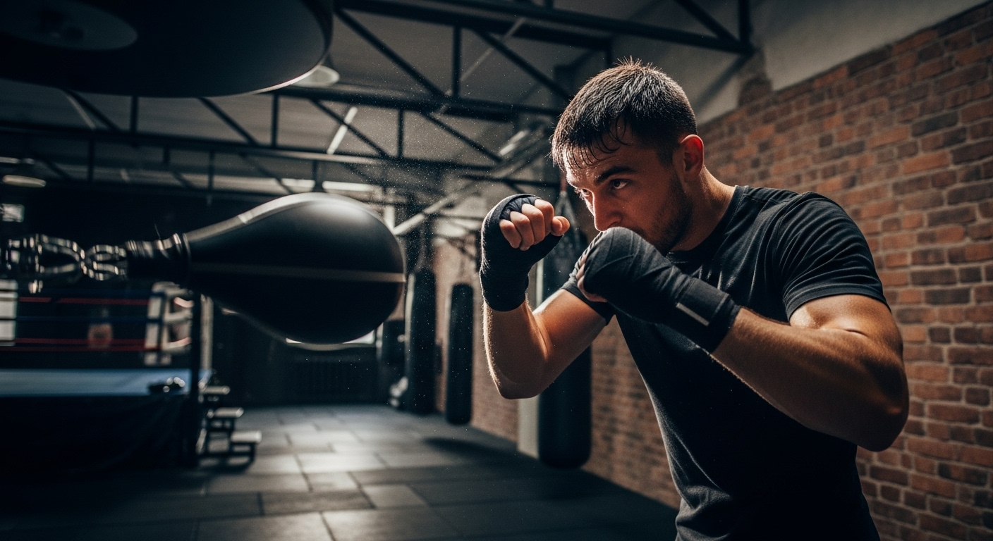Athlete training with a speed bag in a boxing gym for endurance-focused boxing workouts.