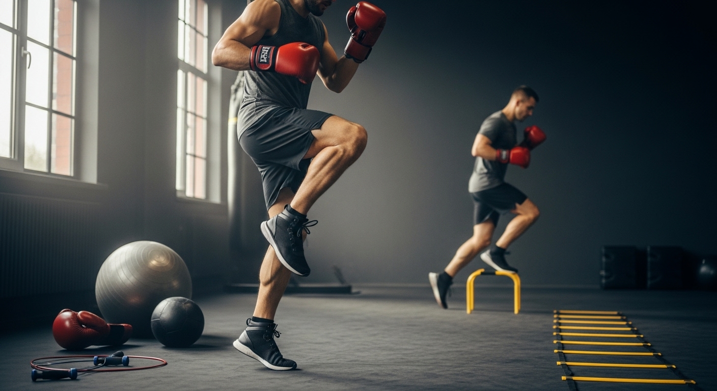 Boxer performing functional warm-up and agility drills for boxing workouts