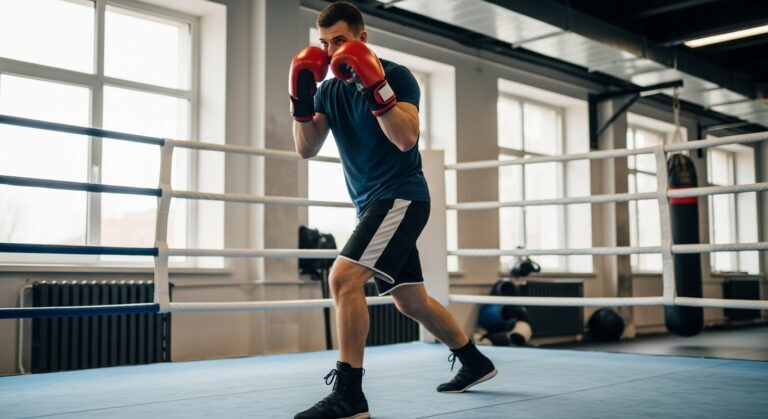 Beginner boxer demonstrating the proper boxing stance in a gym