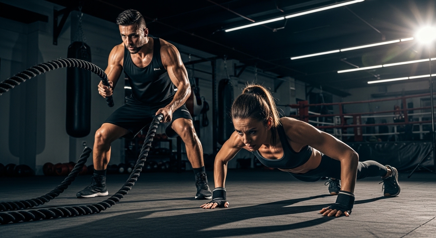 Boxing workouts guide featuring strength and conditioning exercises in the gym