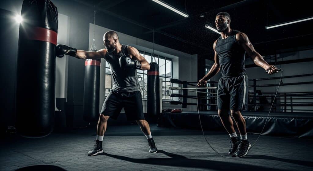 Experienced fighters performing advanced boxing cardio drills to improve endurance and ring performance.