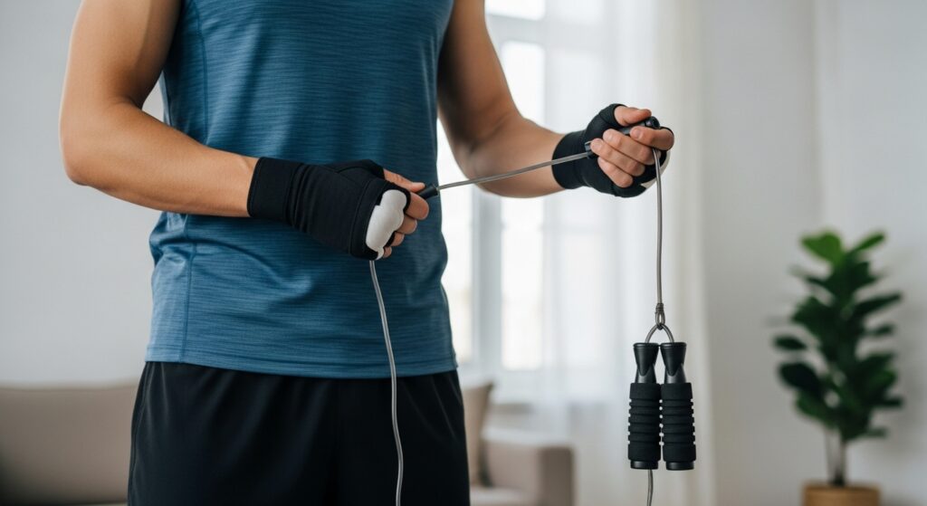 Boxer learning basic jump rope techniques to improve at-home boxing workouts