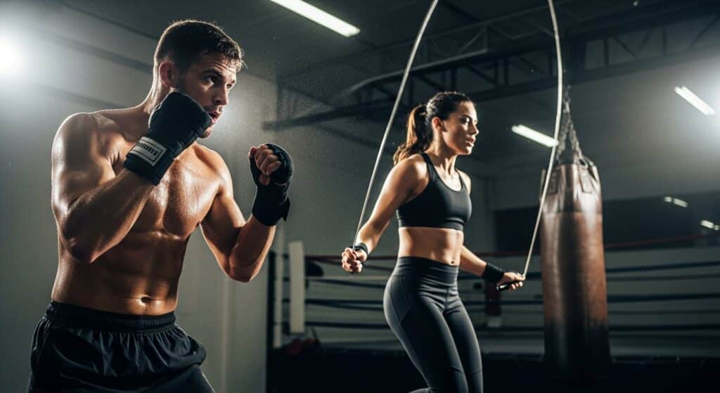 Athletes performing boxing cardio drills including shadow boxing and jump rope to build endurance and stamina.
