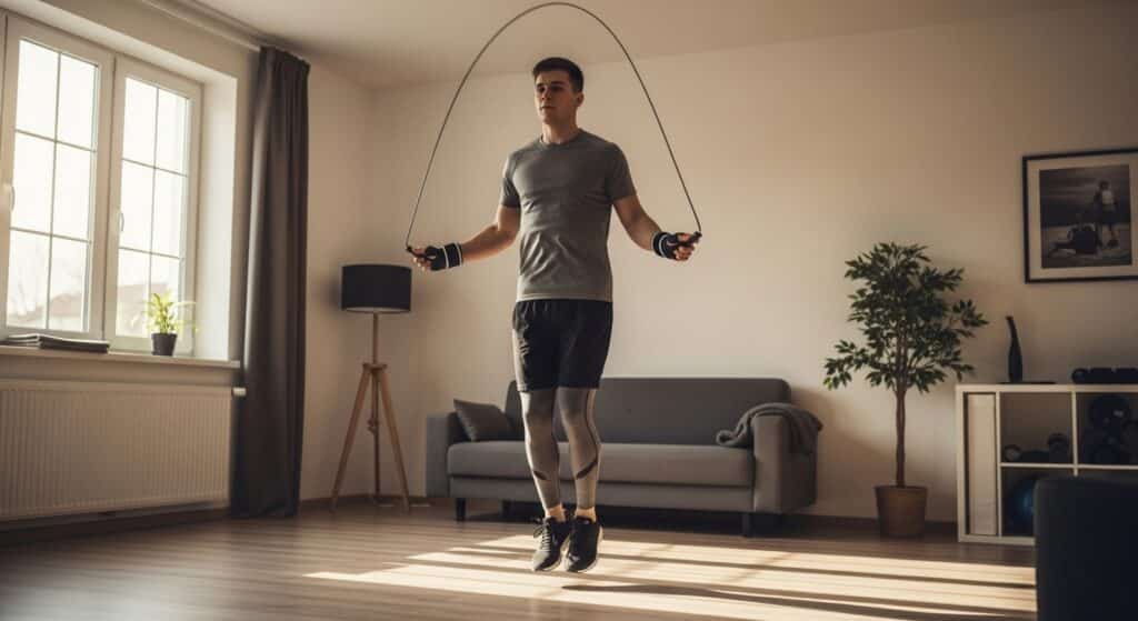 Beginner boxer doing jump rope training at home as part of boxing workouts