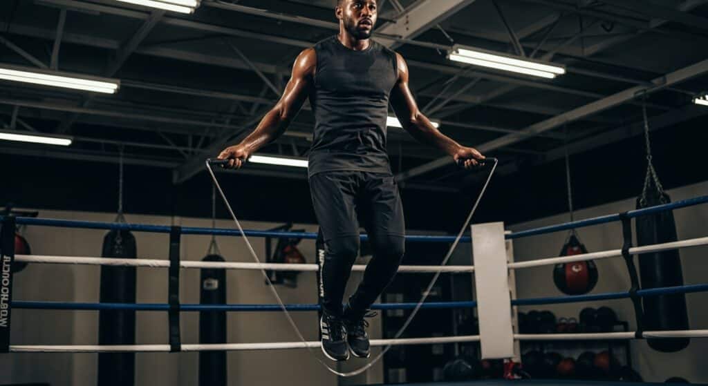 Boxer performing jump rope routines to enhance boxing workout skills