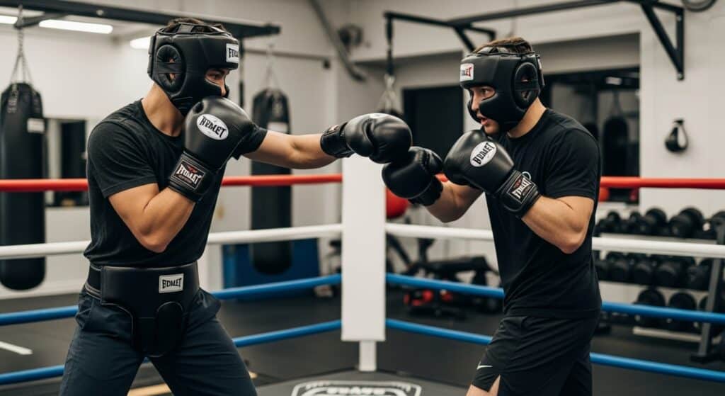 Two boxers in black headgear and training gloves sparring in a brightly lit gym ring, one throwing a jab.