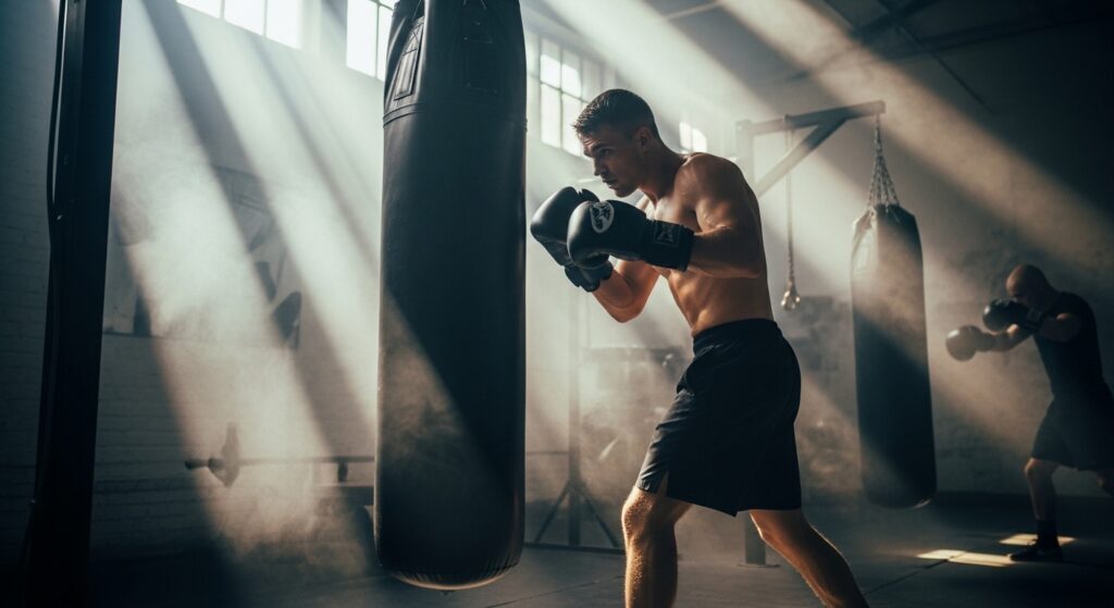 A shirtless male boxer in black gloves training near a punching bag in a dramatically lit, dusty gym with light shafts.