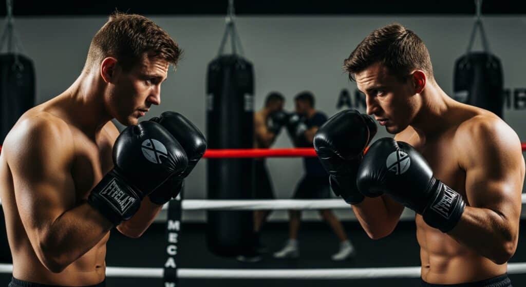 Two shirtless male boxers with black gloves in a ring, making intense eye contact during a workout session.